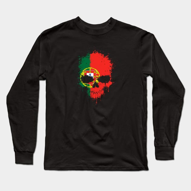 Chaotic Portuguese Flag Splatter Skull Long Sleeve T-Shirt by jeffbartels